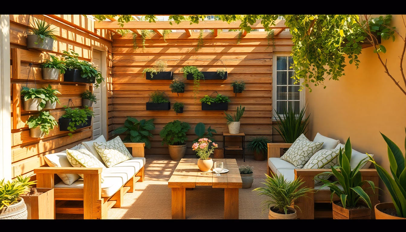 Une terrasse aménagée avec des éléments fabriqués à partir de palettes en bois.