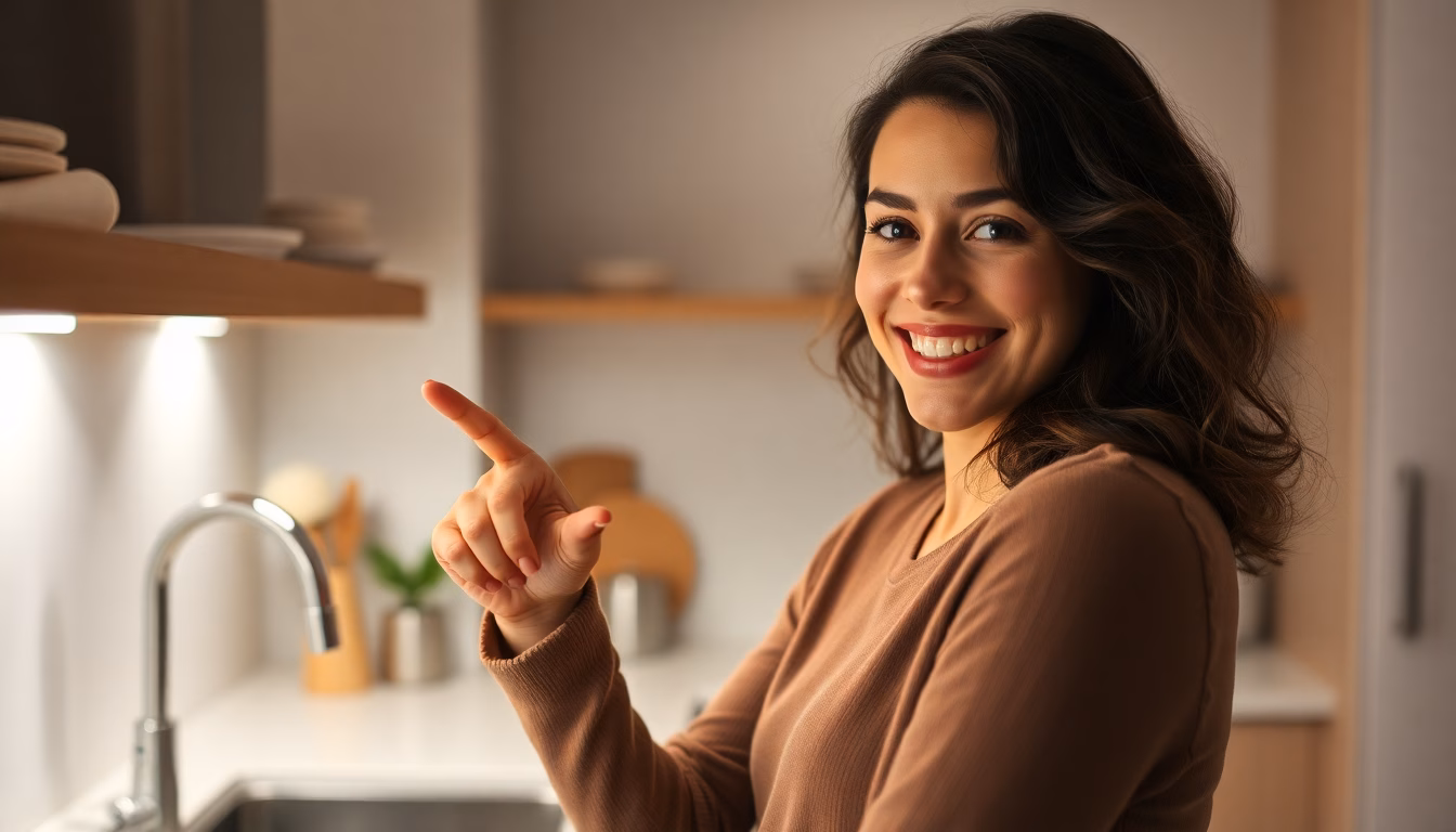 Une personne souriante devant un compteur d'eau, avec des icônes représentant des économies d'eau.