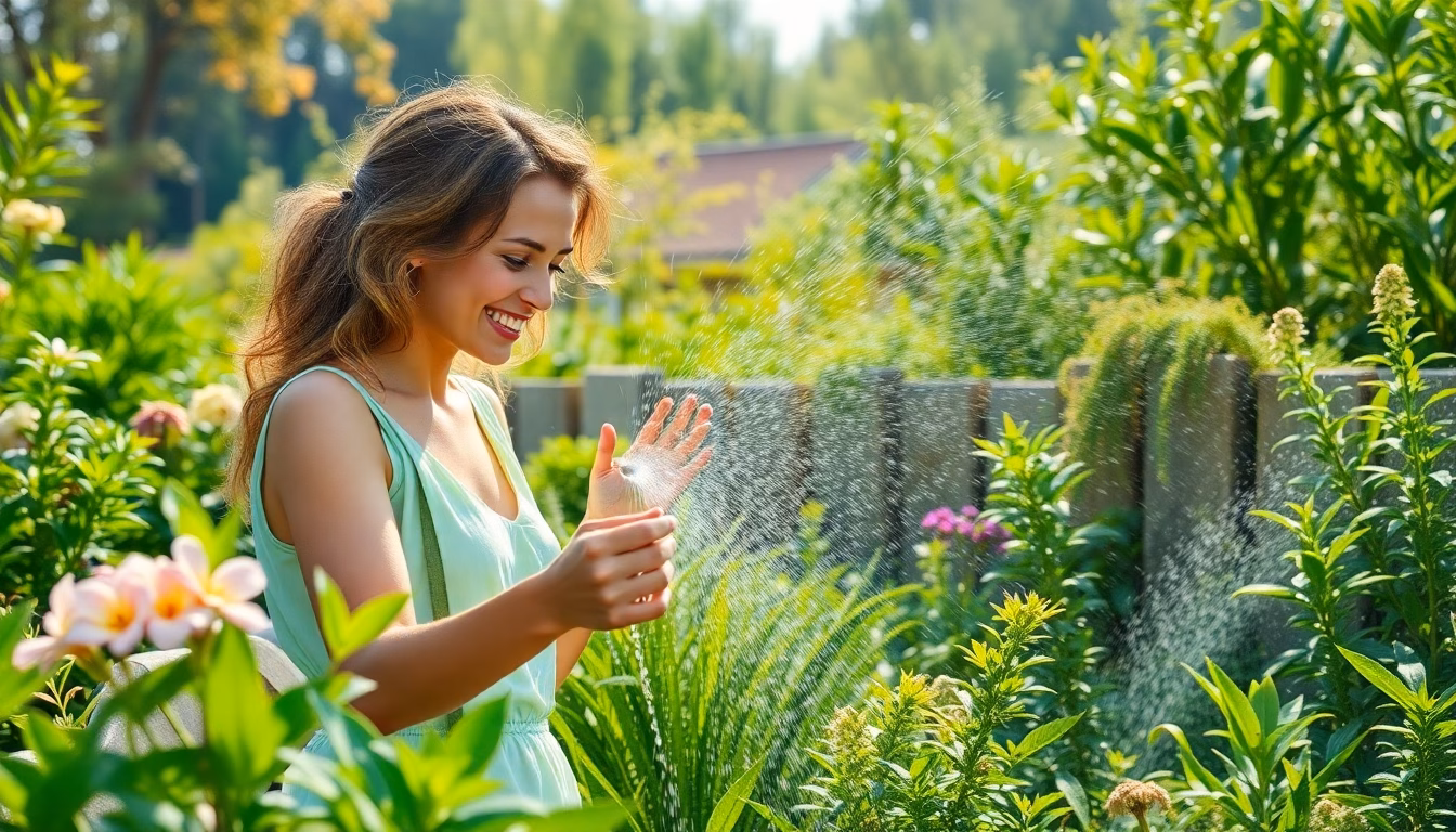 Un jardin résistant à la canicule, montrant des techniques d'ombrage et d'arrosage efficaces.