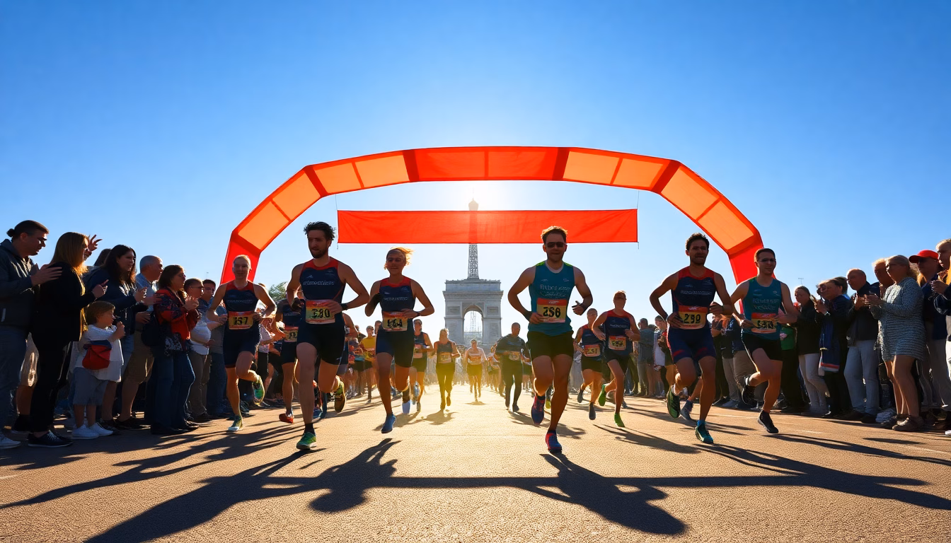 Coureurs franchissant la ligne d'arrivée des 20km de Paris