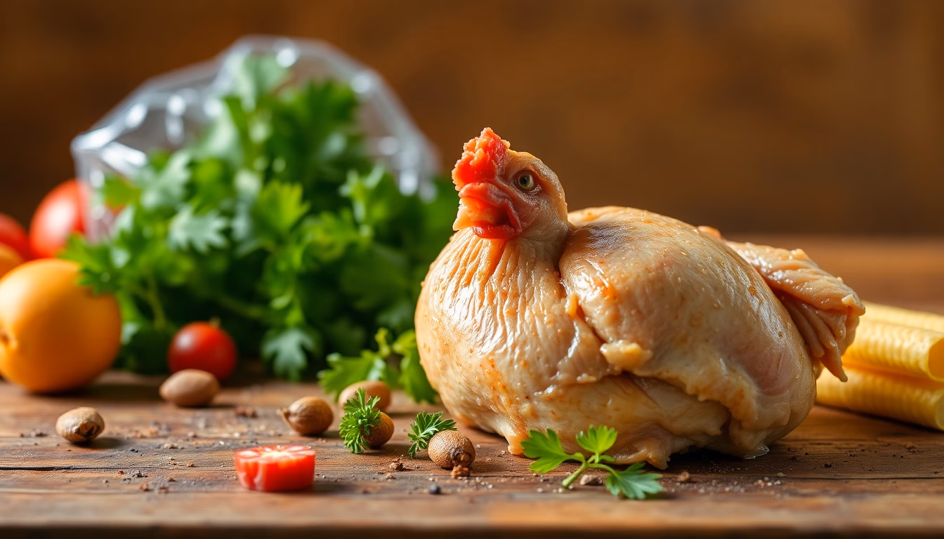 Main tenant un poulet cru avec des symboles d'alerte