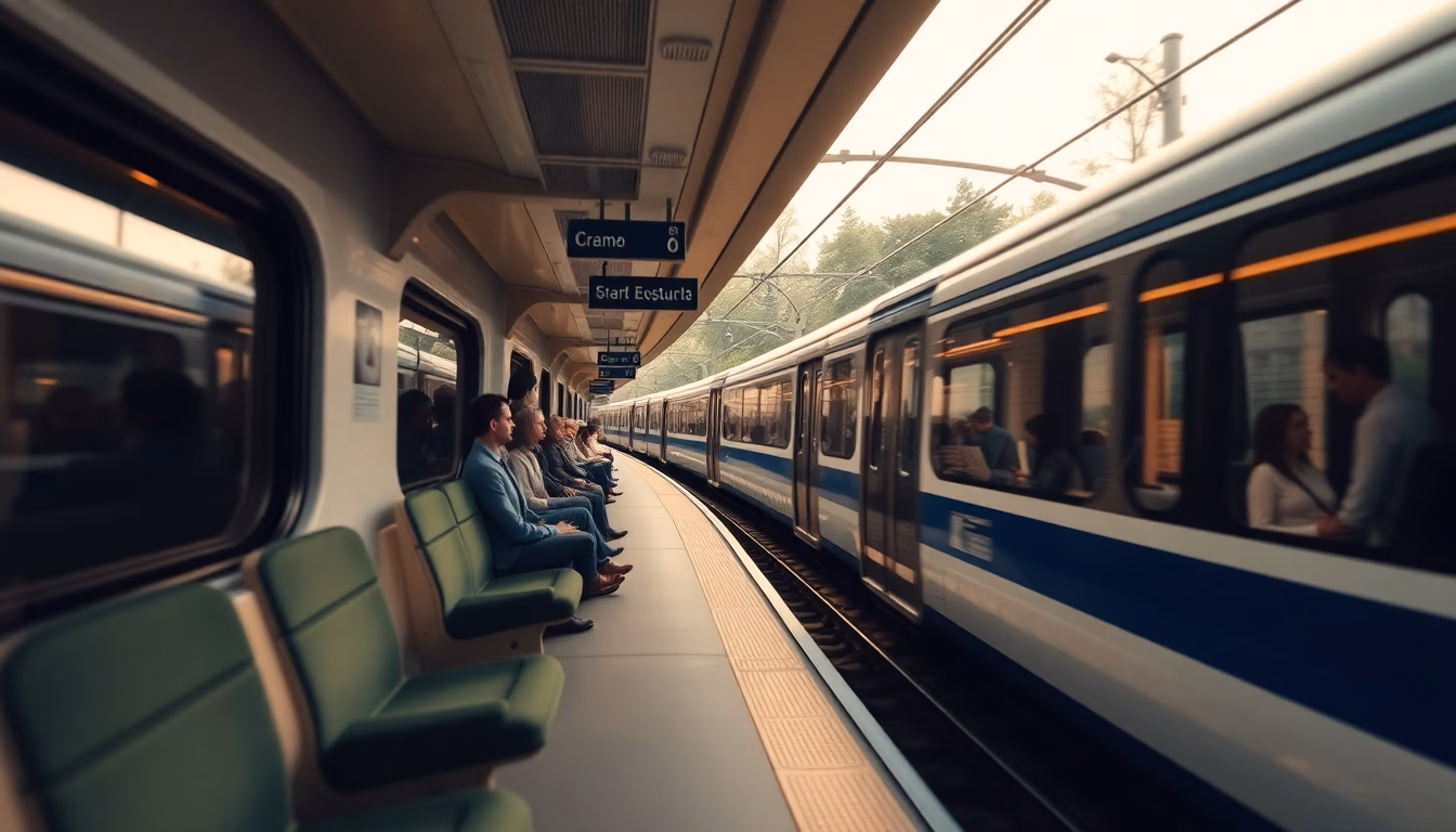 personne souriante à la gare avec une valise et un billet de train