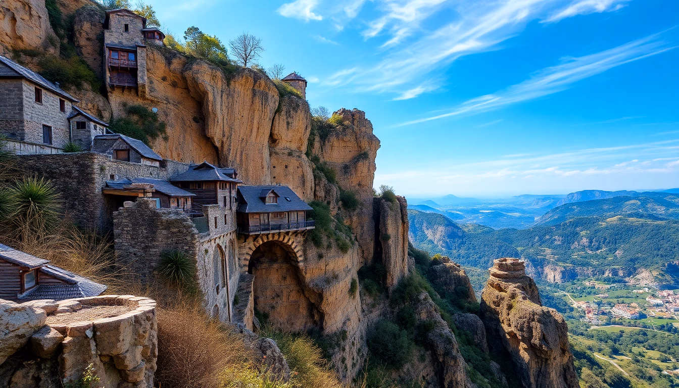 Paysage sauvage avec ruines antiques et végétation luxuriante