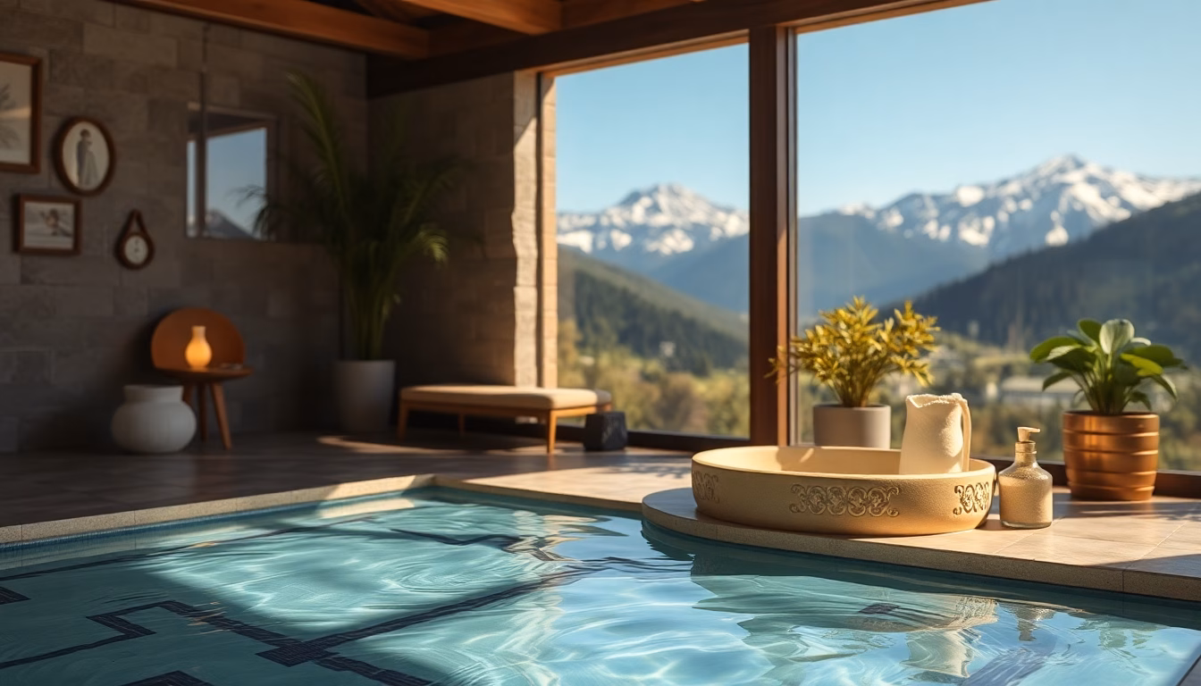 femme relaxant bassin thermal nature verdoyante